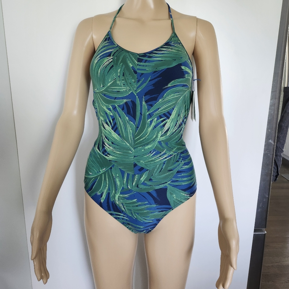 CARVE DESIGNS One Piece Swimsuit Tropical Leaves Green Navy Blue XS NWT